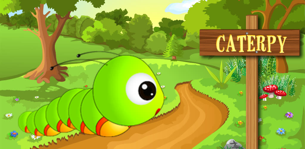 Caterpy HD title art: a green caterpillar on a woodland path beside a wooden signpost