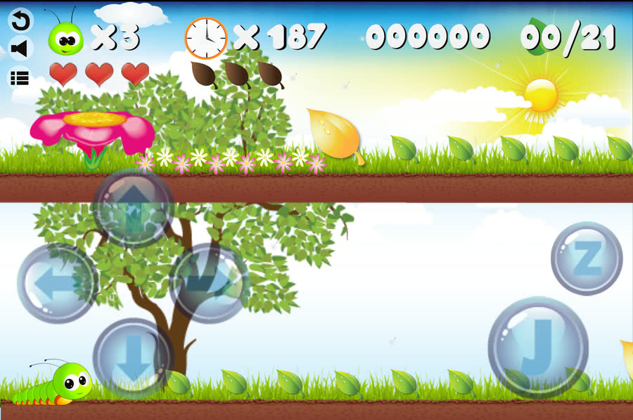 A Caterpy HD level: the caterpillar on grass under a tree, with lives, timer and leaf counter
