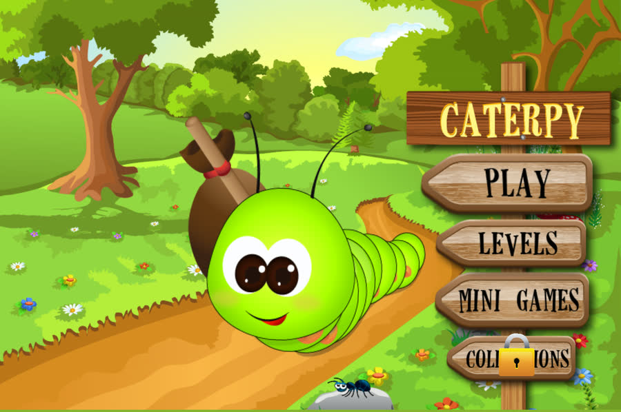 Caterpy HD title screen with PLAY, LEVELS, MINI GAMES and COLLECTIONS signposts